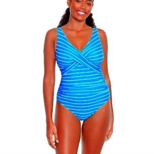 Bal Harbor Womens Crossover Stripped One Piece Swimming Suit Size 18
